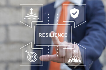 Man using virtual screen presses word: RESILIENCE. Resilience business for sustainable and...