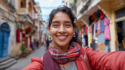 Joyful indian woman taking a selfie while exploring city streets during daytime