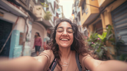 Joyful indian woman taking a selfie while exploring city streets during daytime - obrazy, fototapety, plakaty