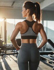 Rear close up view fit strong beautiful sporty muscular athlete woman trainer bodybuilder back wear sportswear training in sunny gym indoors