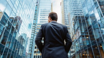 Fototapeta premium Businessman in suit with business office glass modern buildings background