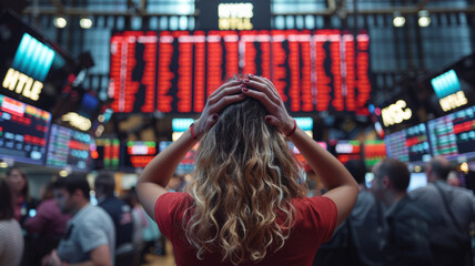 Wall Street investors, hands on head, gaze upward at red charts on crowded trading floor, conveying despair.generative ai - obrazy, fototapety, plakaty