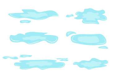 Cartoon blue dripping water drops, splashes, sprays and tears. Liquid flow, wave, stream and puddles. Nature water motion shapes vector set. Illustration of rain water drop, liquid splash