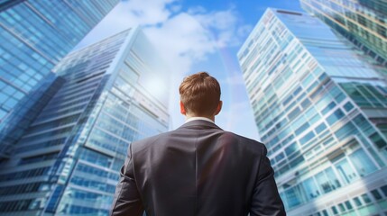 Businessman in suit with business office glass modern buildings background