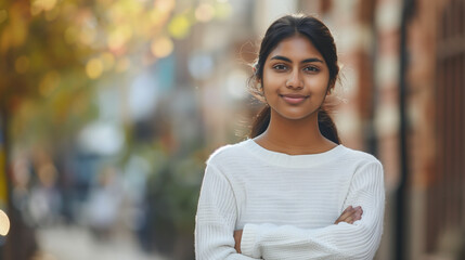 Portrait of a confident Indian young female student in a white sweater standing in the middle of a city street with her arms crossed on her chest and looking at the camera with a smile: