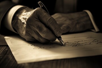 Close up of man writing on a piece of paper with a pen - obrazy, fototapety, plakaty
