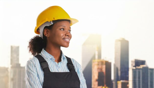 Portrait of a young construction worker woman with safety helmet letting see city buildings under construction