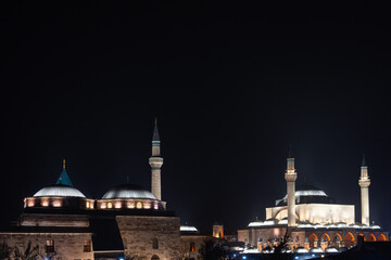 Fototapeta na wymiar Mevlana Celaleddin Rumi Tomb and Mosque (Mevlana Türbesi ve Cami) Night Lights Drone Photo, Mevlana Konya, Turkiye (Turkey)
