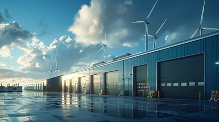 Reflective wet ground at an industrial complex with warehouses, showcasing sustainable energy practices with wind turbines against a cloudy sky at dusk.