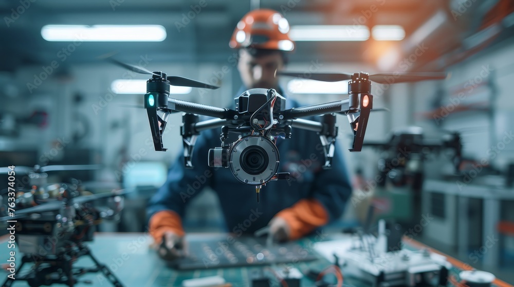 Poster focused engineer in a hard hat fine-tuning a high-tech drone with a mounted camera in an industrial 
