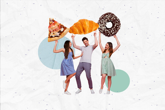 Sketch image trend photo collage of young people friends relax party dance raise hands up shake body hold pizza donut croissant nice mood