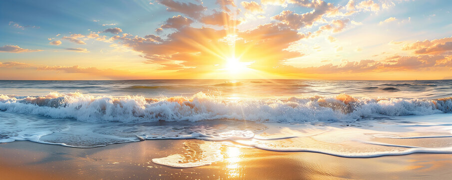 A beautiful sunrise over the ocean, with golden sunlight reflecting on the sand and waves crashing onto it