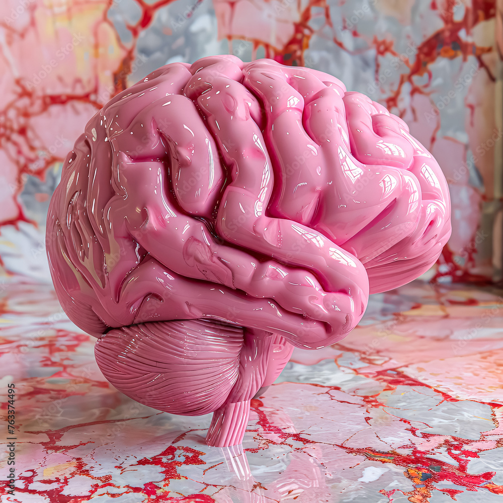 Poster a pink brain is sitting on a red background. concept of curiosity and fascination with the brain's s