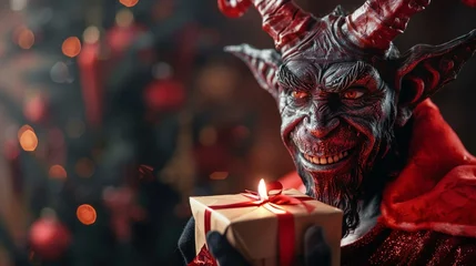 Fotobehang An isolated devil figure with a gift box in its hand © sutep