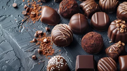 Foto op Plexiglas Chocolate pralines on dark chocolate background © Media Srock