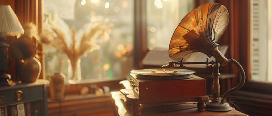 Vintage phonograph with vinyl floating key - obrazy, fototapety, plakaty