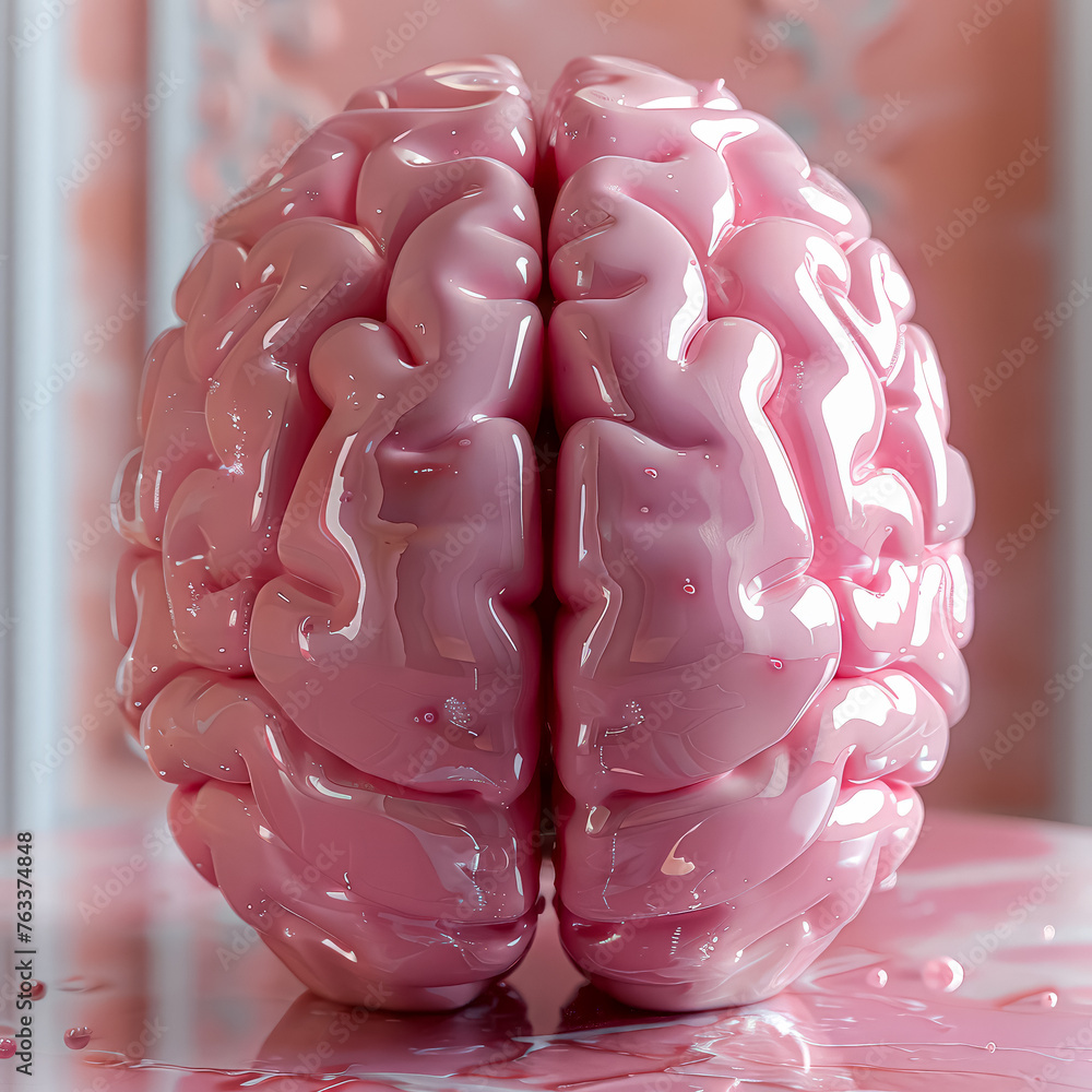 Poster a pink brain is shown in a close up. the brain is made of a shiny material and he is a model. the pi