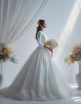 Uma mulher vestida de noiva em ambiente branco, com arranjos de flores.