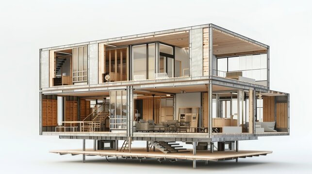 This image presents a detailed cross-section of a two-story prefabricated home, revealing the interior design and layout with a contemporary aesthetic.