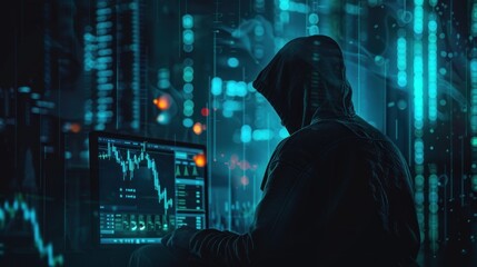 A mysterious person in a hoodie analyzes data on multiple computer monitors in a dark room with digital graphics