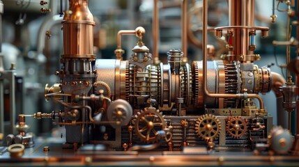 Intricate model showcasing the complex design of a vintage industrial steam engine with copper pipes and gears.