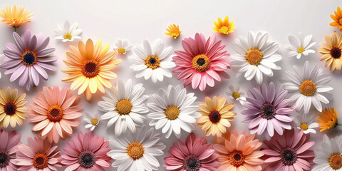 Beautiful row of colorful daisies on white background for natural floral concept design