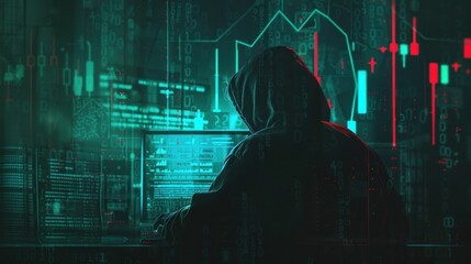 A shadowy figure is engaged in hacking activities in a digitally-infused environment, capturing the essence of cyber warfare