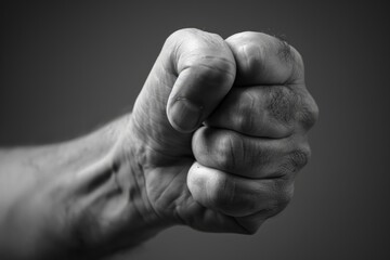 A man's fist is clenched in a fist, with his thumb and index finger extended