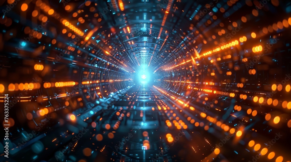 Poster an abstract concept of a high-speed data network tunnel with glowing orange and blue light streams, 