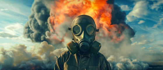 Youngster with gas mask daytime nuclear blast - obrazy, fototapety, plakaty
