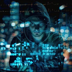 Mysterious hacker figure in a dark hoodie with a backdrop of glowing binary code, symbolizing cyber security and digital data