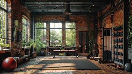 An urban loft-style gym with exposed brick walls, large windows, and a variety of modern fitness equipment, bathed in natural light.
