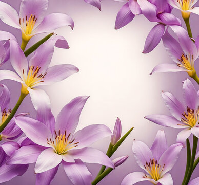Floral frame of violet flowers in nature's beauty, lily flowers frame. Generative ai