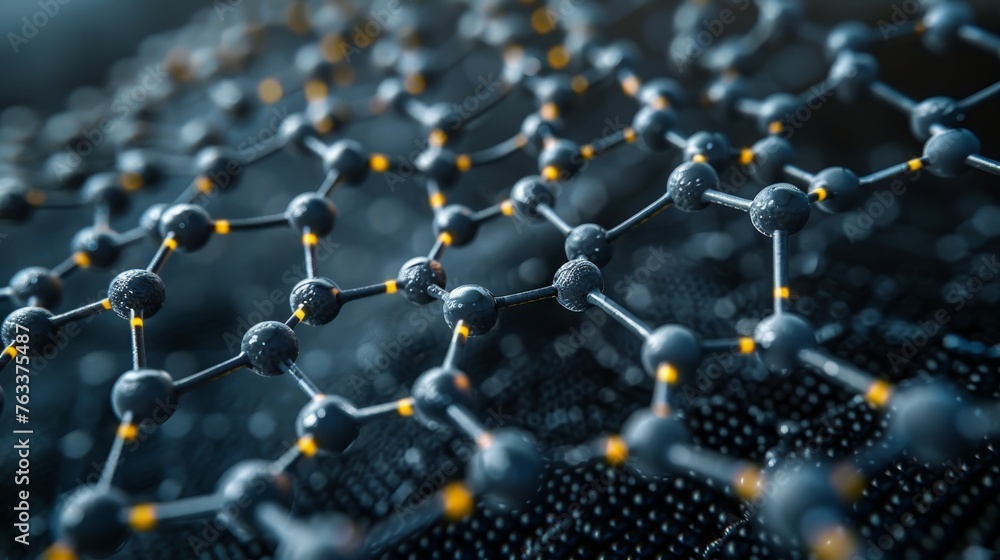 Poster close-up image of a graphene molecular grid structure with a focus on nanotechnology.