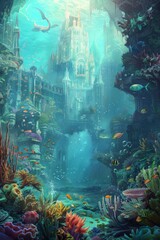 A colorful underwater scene with a castle in the background