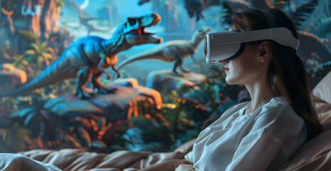 A young brunette latin woman in white augmented, virtual reality glasses watches a realistic 3D movie