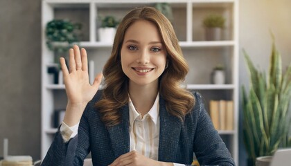 Young and energetic female is ready for an online interview on a video call, sitting at the desk at home and looking and waving at the camera, saying hello. Job hunting concept 