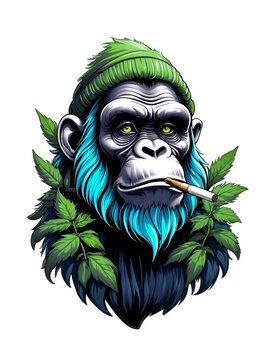 Ape smoking weed cigarette, maskot in green hat,  cannabis leaf, isolated design. 