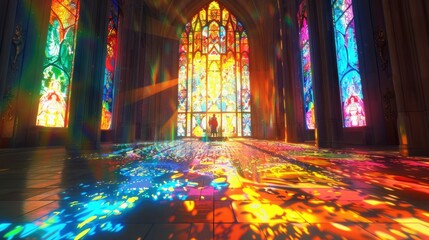 A colorful stained glass window with a couple sitting in front of it