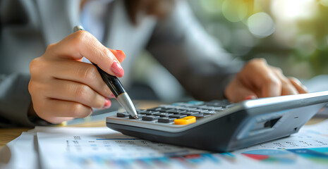Zero percent commission. Businesswoman using calculator to calculate special offer with zero