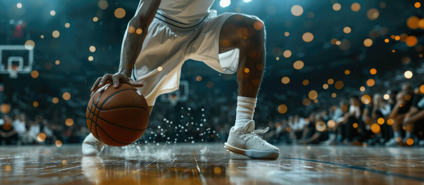 Basketball player is holding basketball ball on a court, close up photo