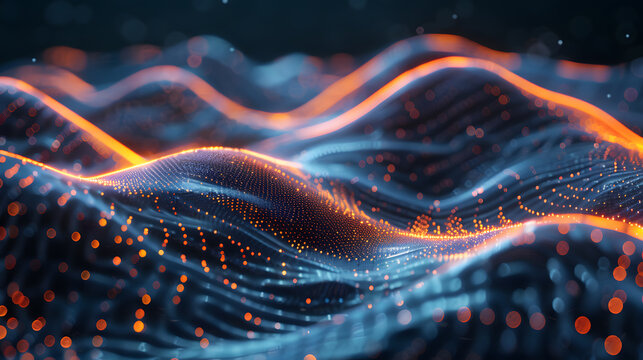 Fototapeta A depiction of dynamic holo 3D waves, with a cosmic blackness as the background, in a dimension of fluid structures, shot with a telephoto lens