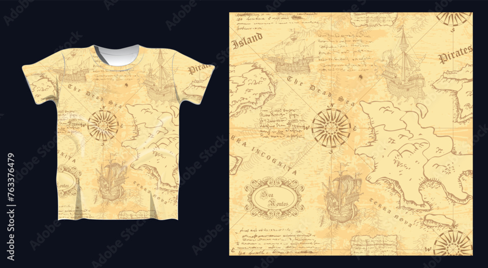 Poster vector image of a t-shirt with sea map seamless texture print