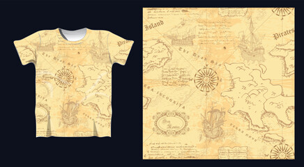 Vector image of a t-shirt with sea map seamless texture print