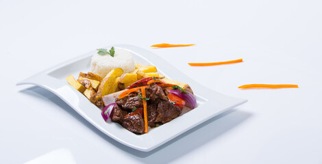 Lomo Saltado Peruviam Delicious Background white with vegetable design