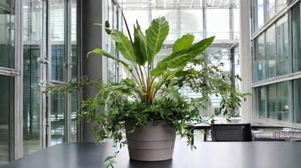 A potted plant adding a touch of greenery to an otherwise sterile corporate office environment.