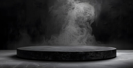 Podium black dark smoke background product platform abstract stage texture fog spotlight