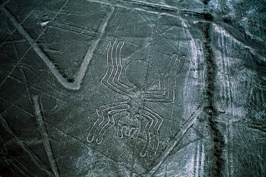 Mysterious Nazca lines form a spider in the desert of Peru