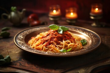 Exquisite spaghetti on a rustic plate against a painted gypsum board background - obrazy, fototapety, plakaty