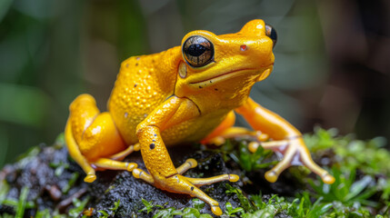 A close-up of a bright yellow frog with glistening skin, sitting attentively on a damp, moss-covered log.